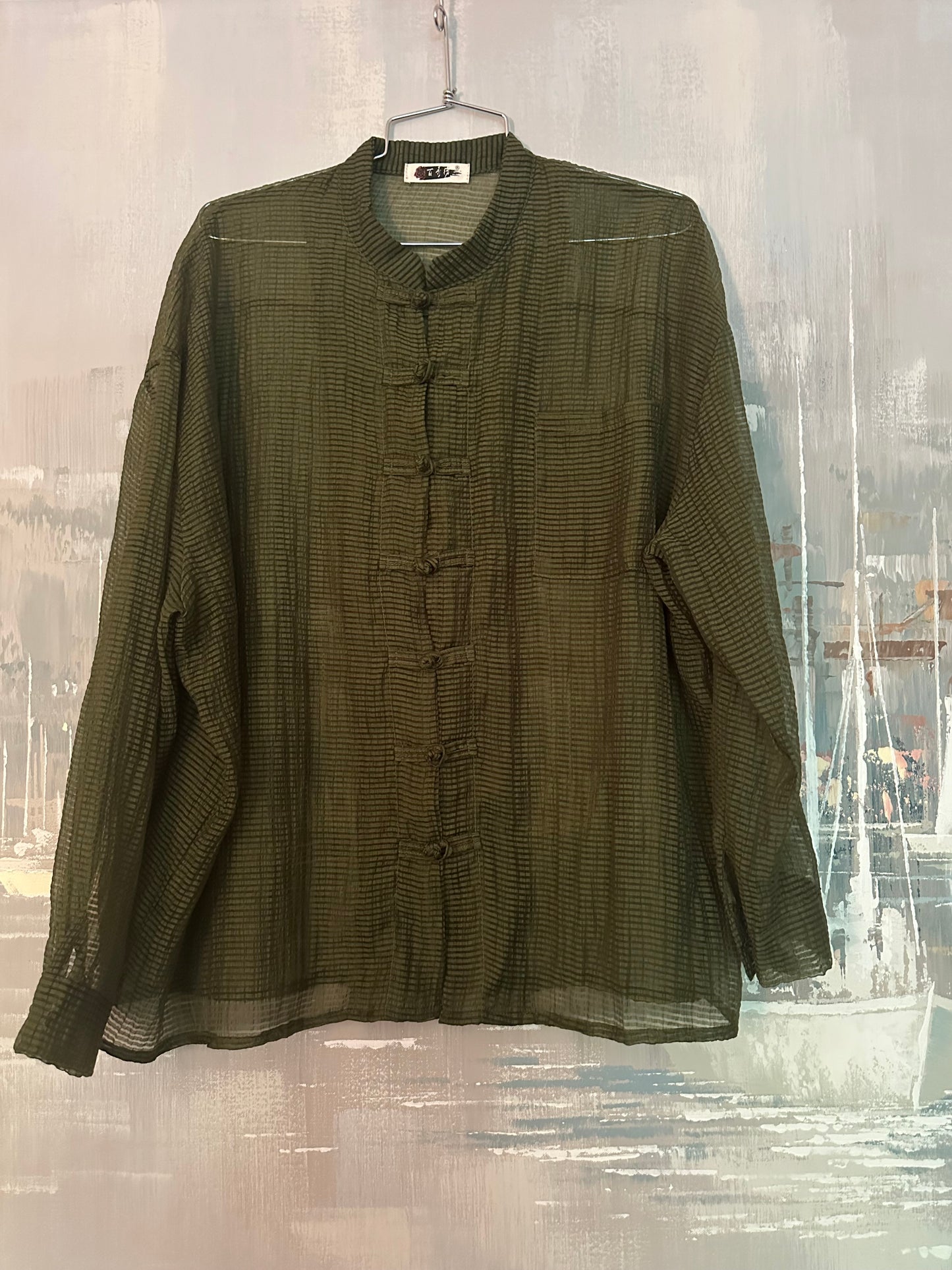 90s Green Frog Button Sheer Shirt