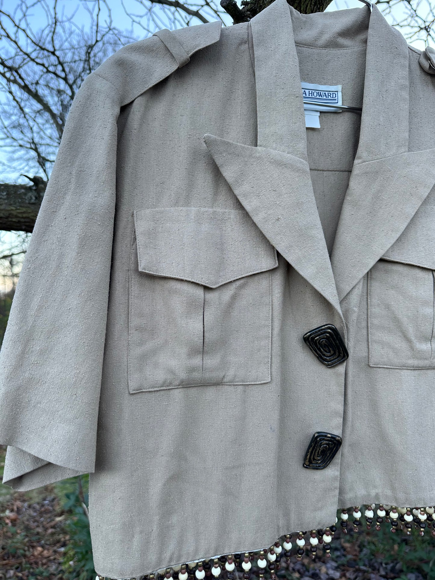 90s Tan Raw Silk Safari Beaded Shirt