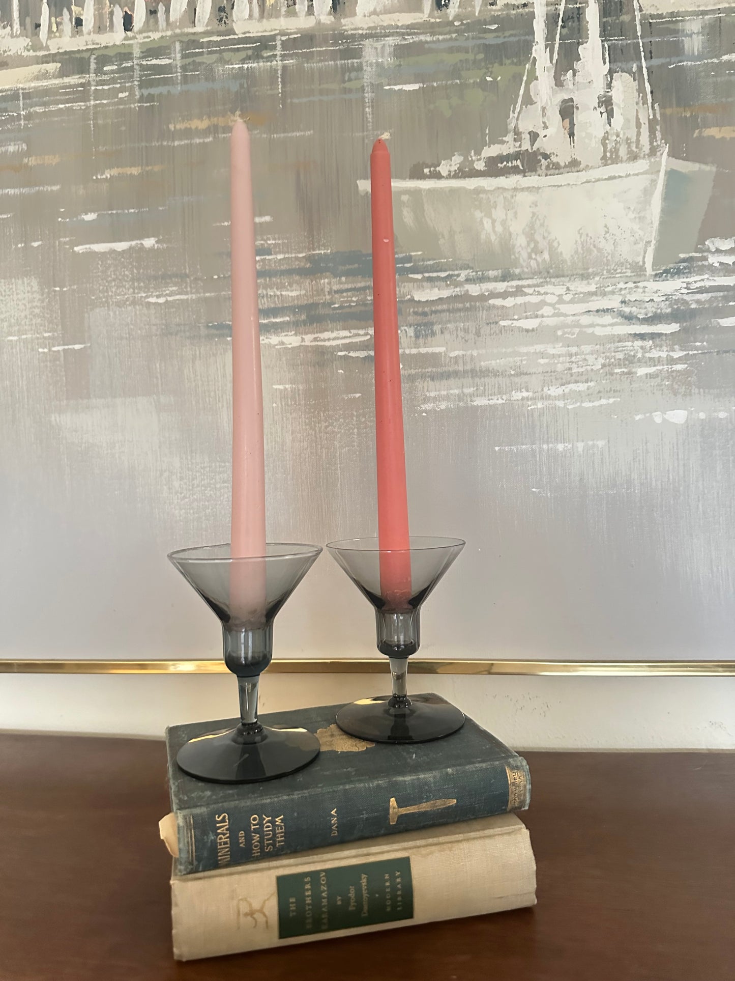 Mid Century Smoke Glass Candlestick Holders