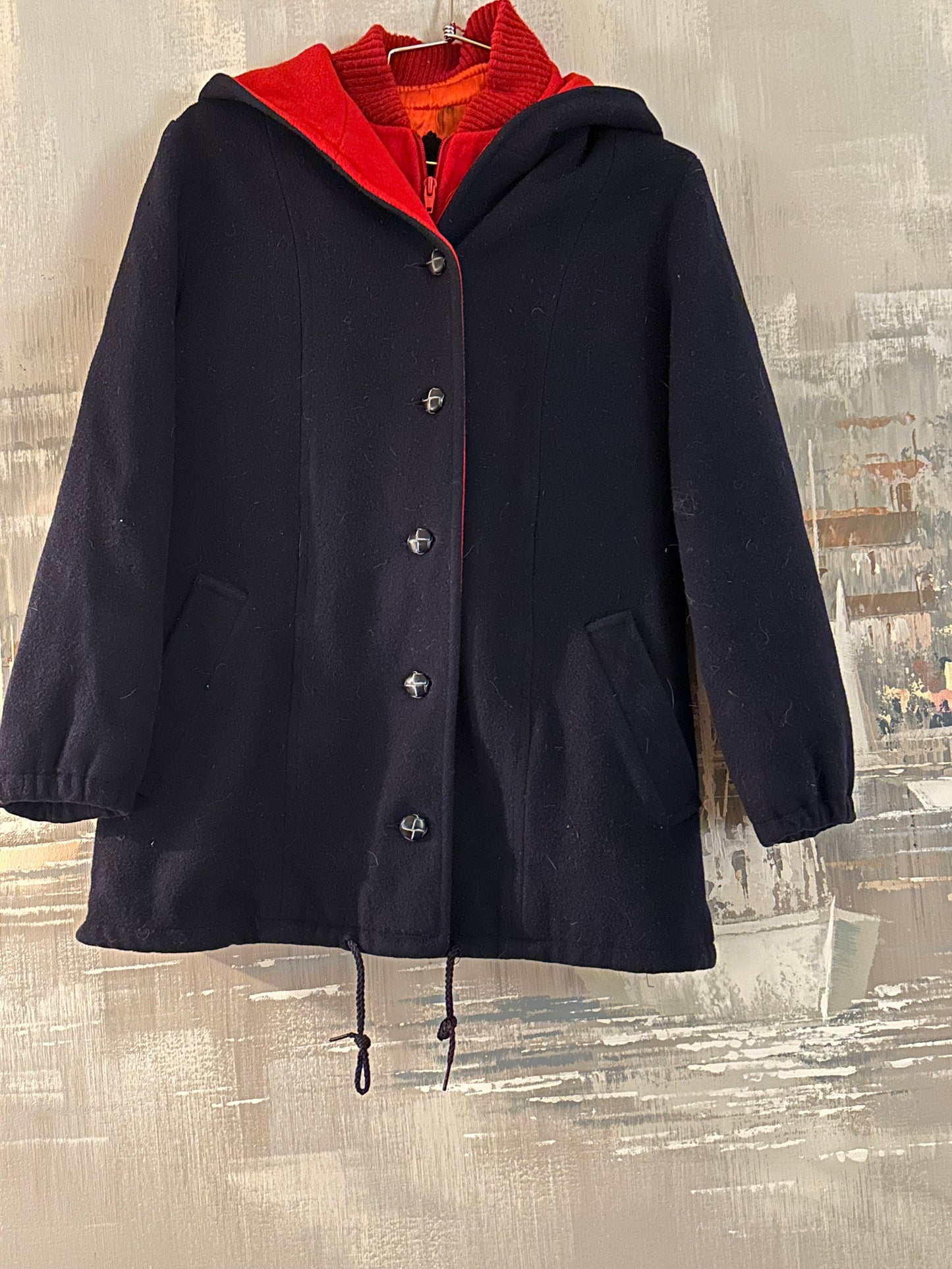 90s Navy and Red Wool Mackintosh Coat