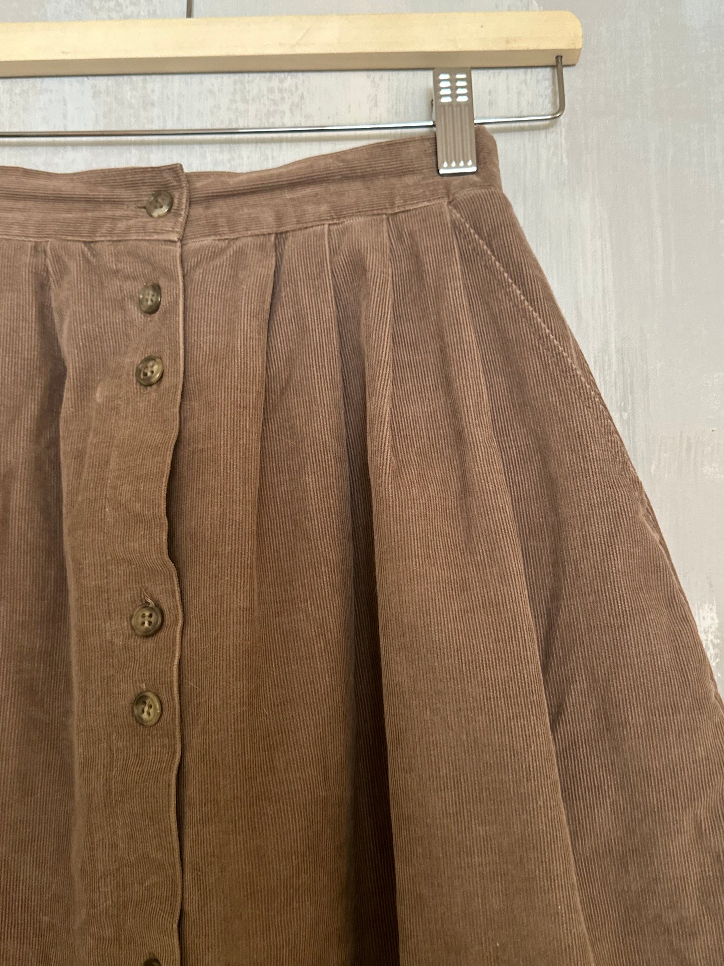 80s Brown Corduroy Pleated Midi Skirt