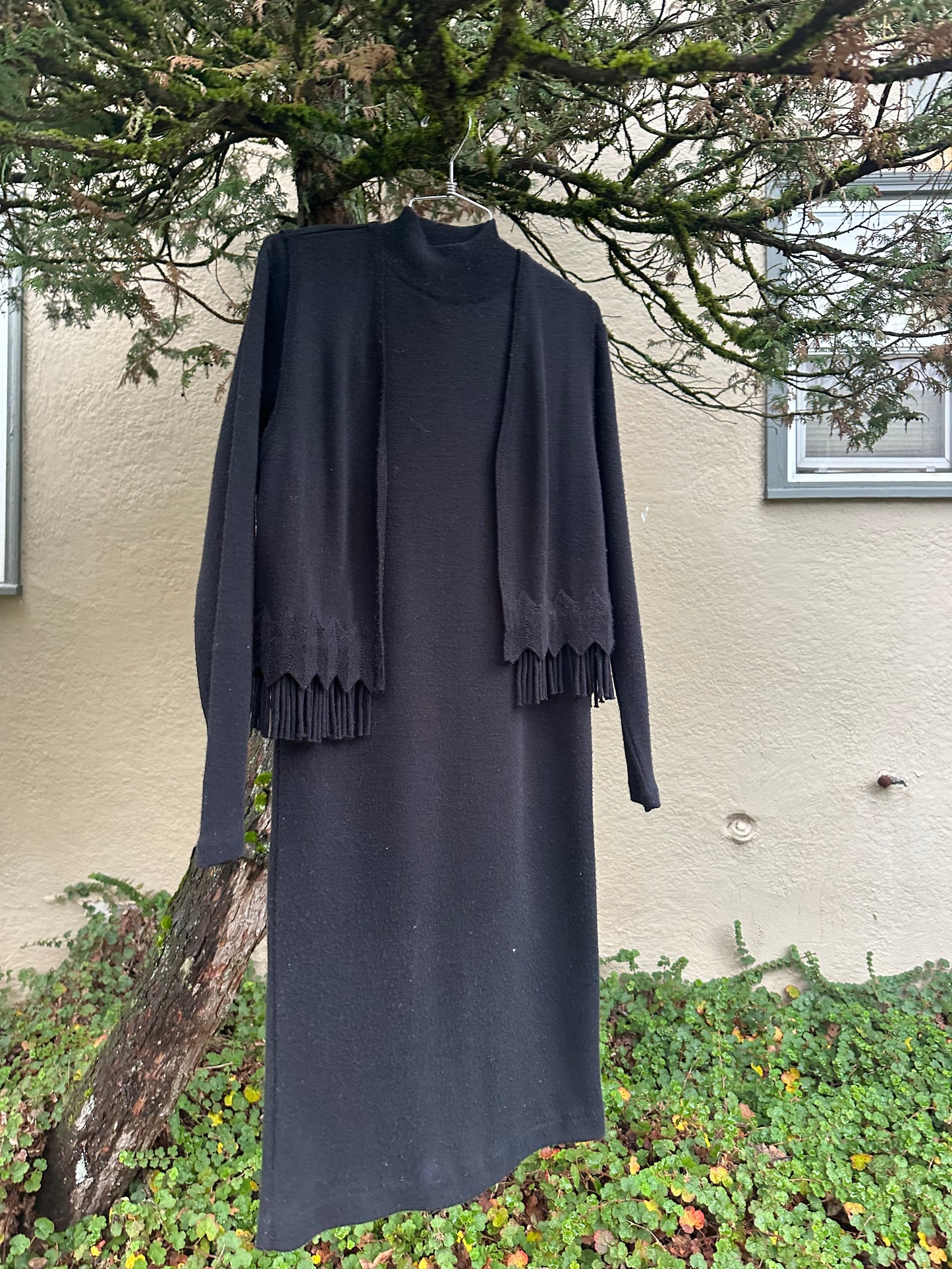 80s/90s Black turtle neck dress and Fringe Vest set
