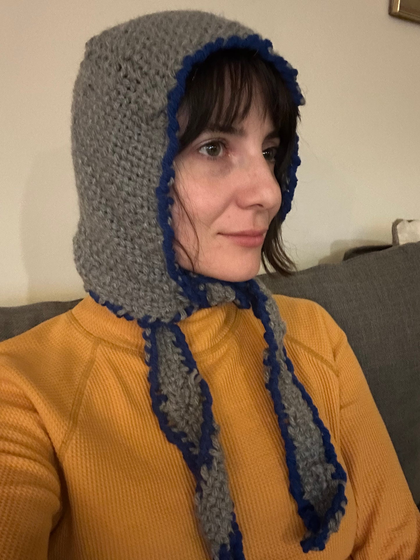 Hand Woven Bonnet/Balaclava- grey with blue trim