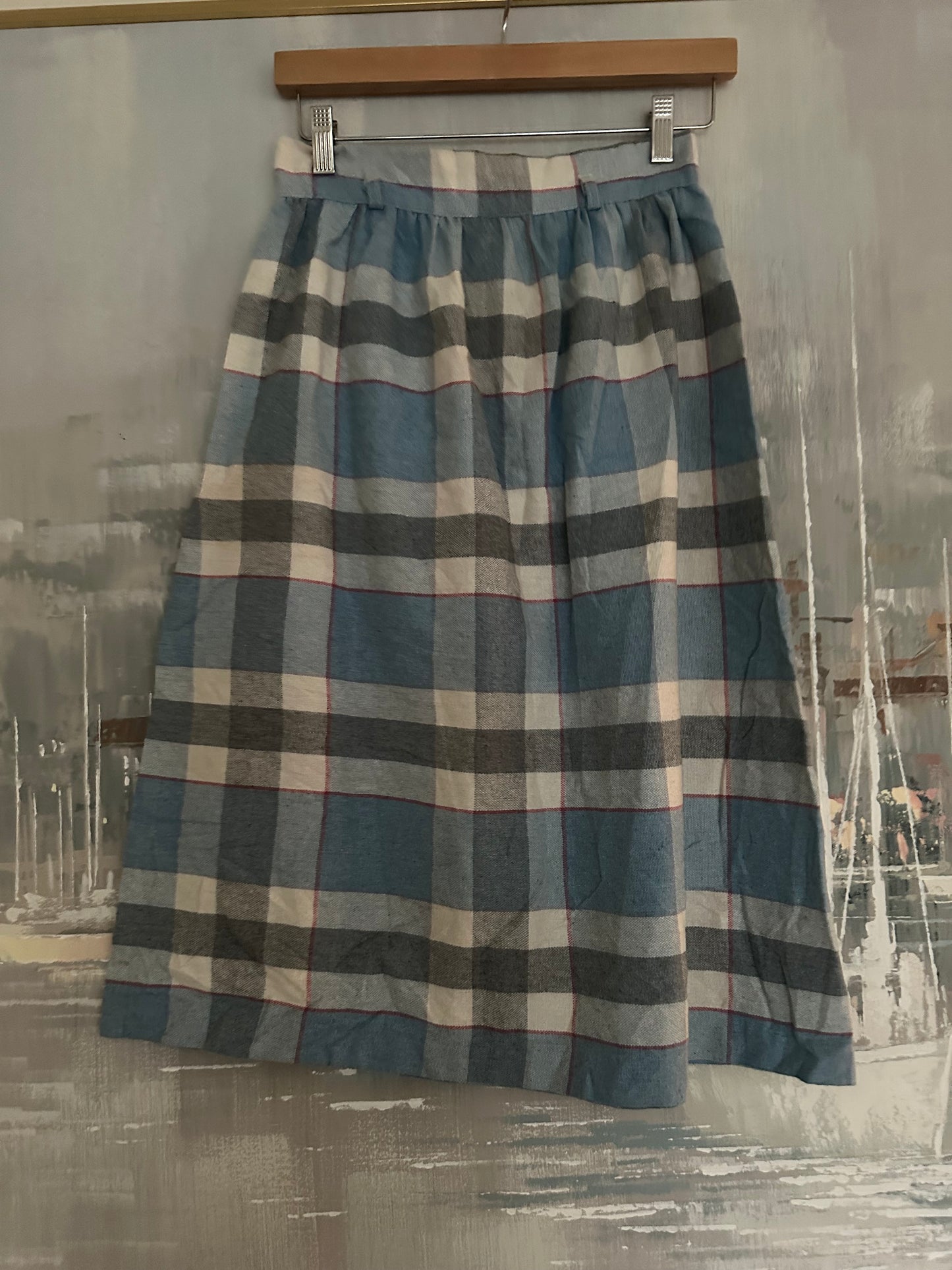 Vintage light blue wool plaid skirt