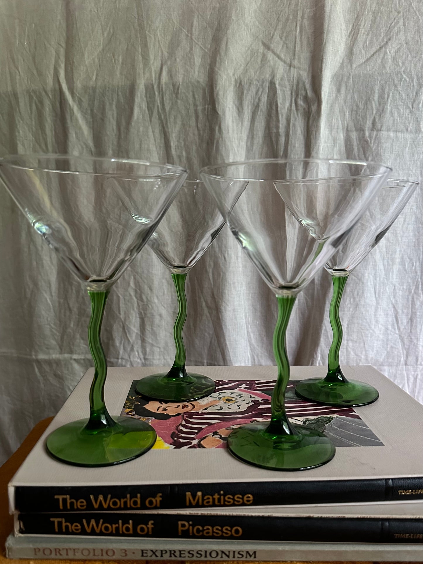 Postmodern Green Squiggle Stem Martini Glasses set of 4