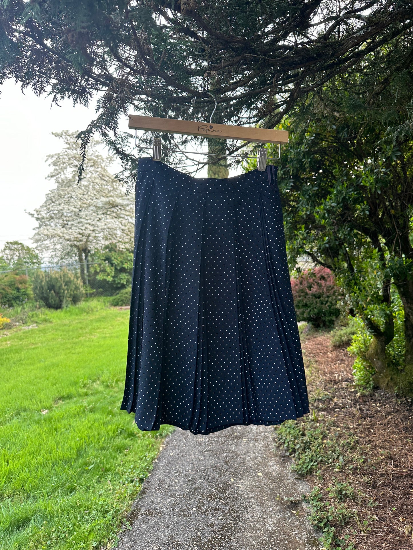 90s Blue Polka Dot Pleated Skirt