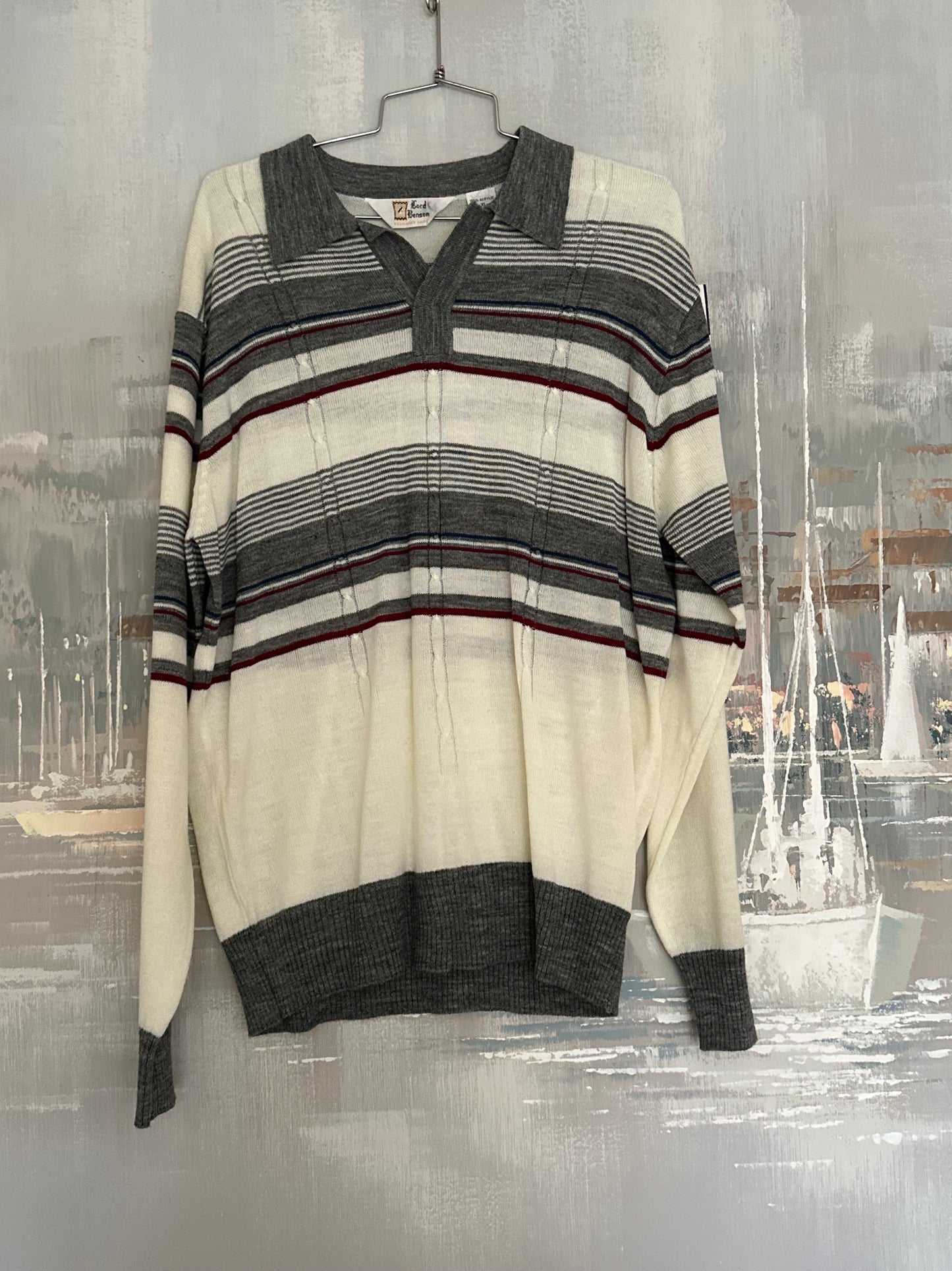 60s Grey and White Striped Collared Sweater - Lord Benson