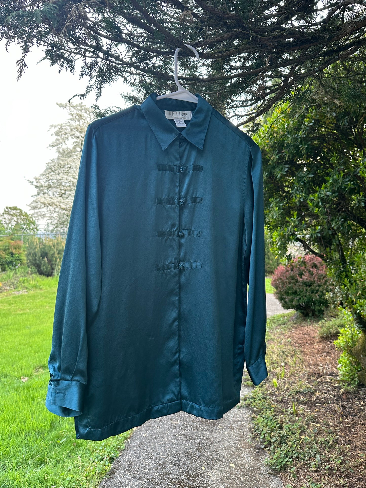 90s Teal Silk Frog Button Shirt