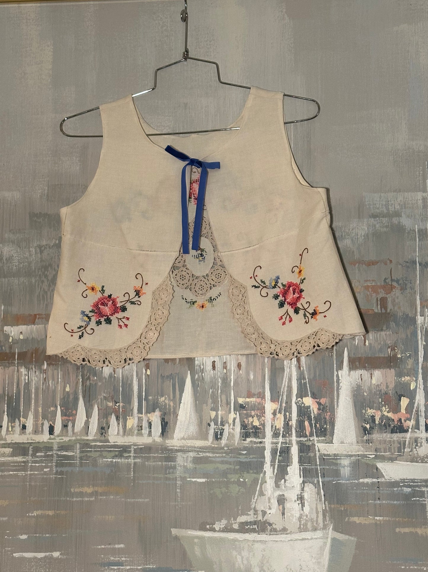 Upcycled Tablecloth Embroidered shirt back tied