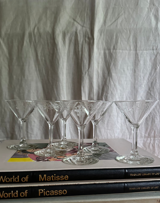 50s Noritaki Sasaki Bamboo Etched Mini Martini Glasses-- Set of 6