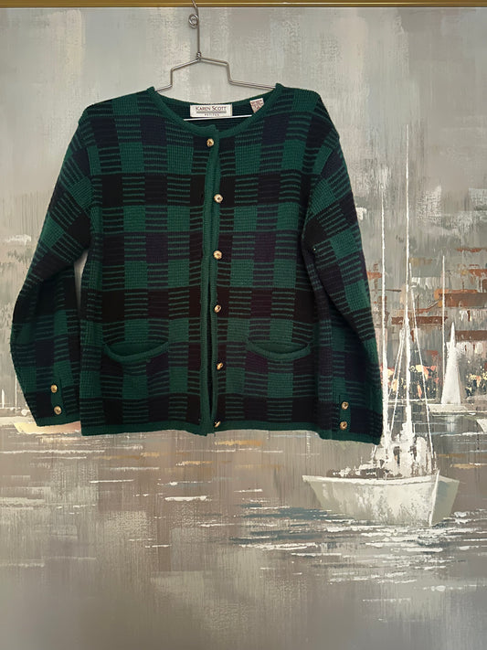 90s Green Plaid Cardigan - Karen Scott