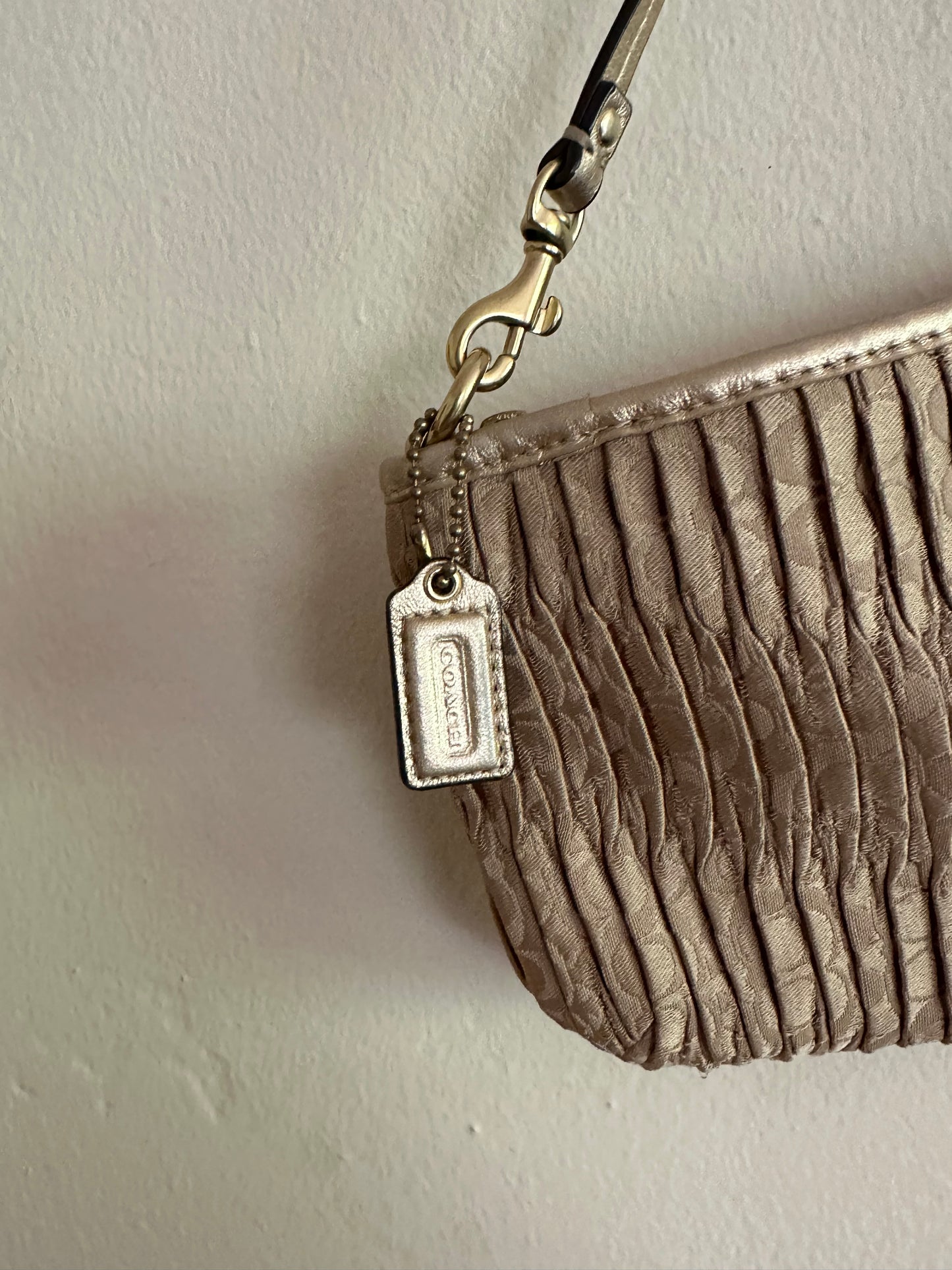 Y2K Coach Gold Gathered Nylon and Leather Pleated Clutch