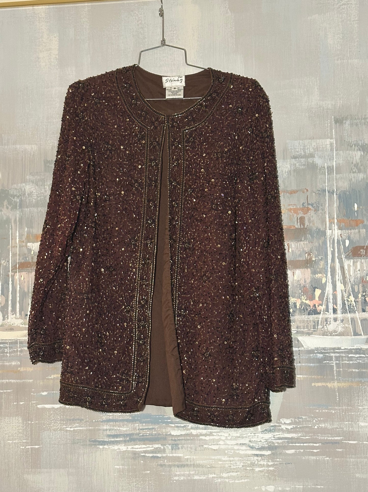80s Brown Silk Beaded Top