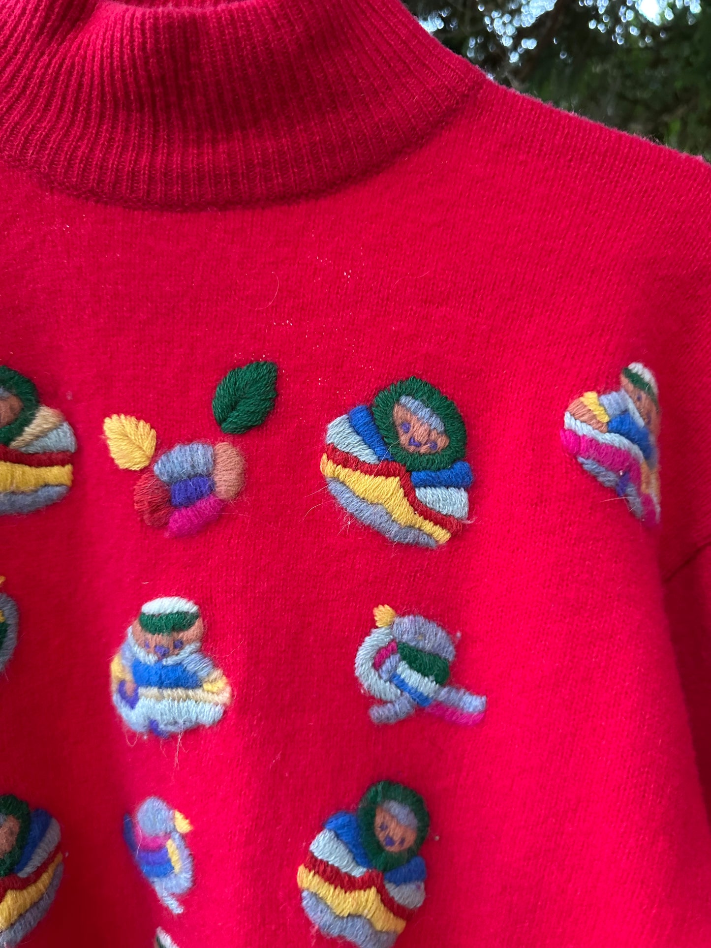 90s Red Embroidered Babushka Sweater