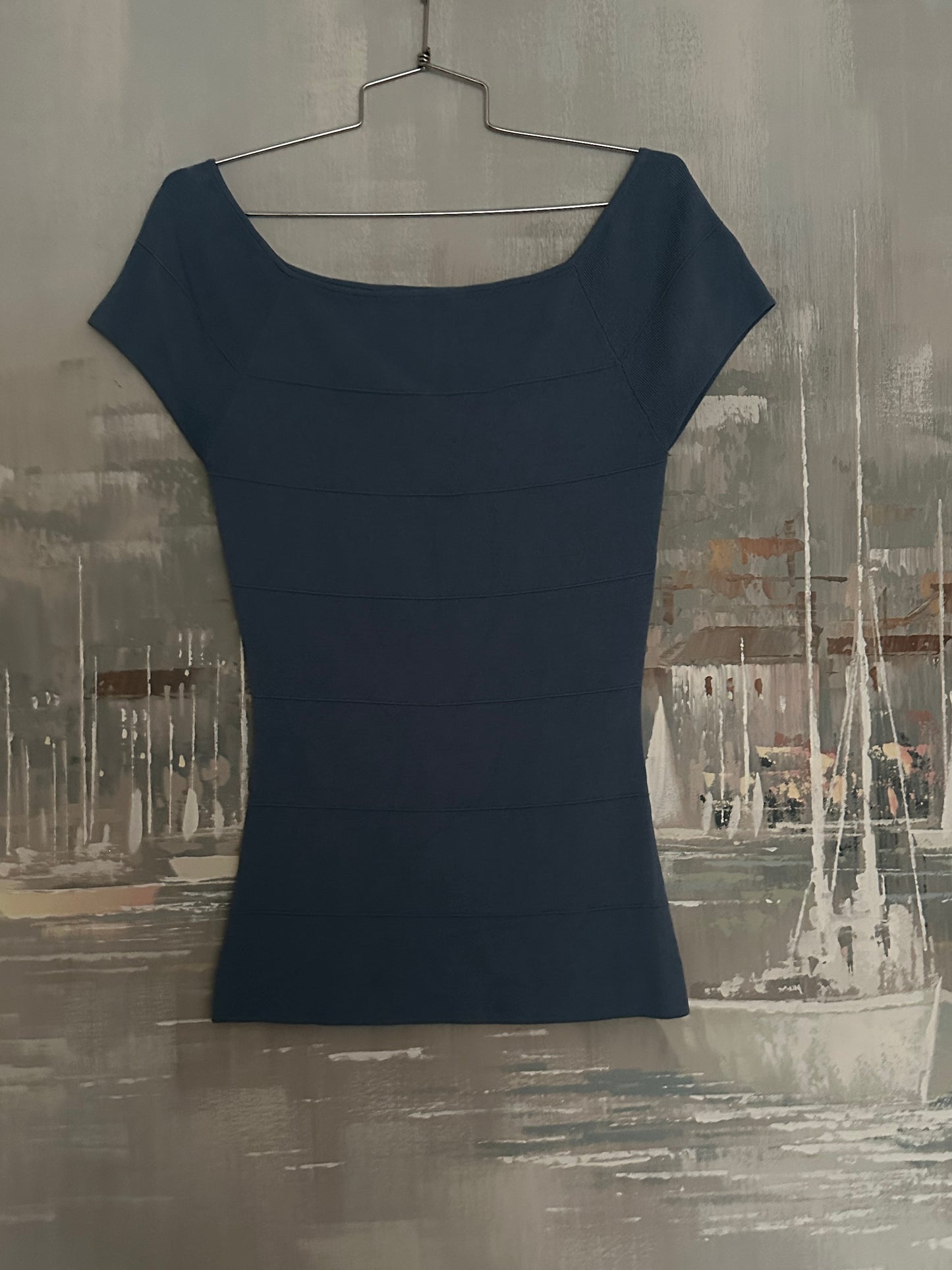 90s/ Y2K blue off the shoulder shirt