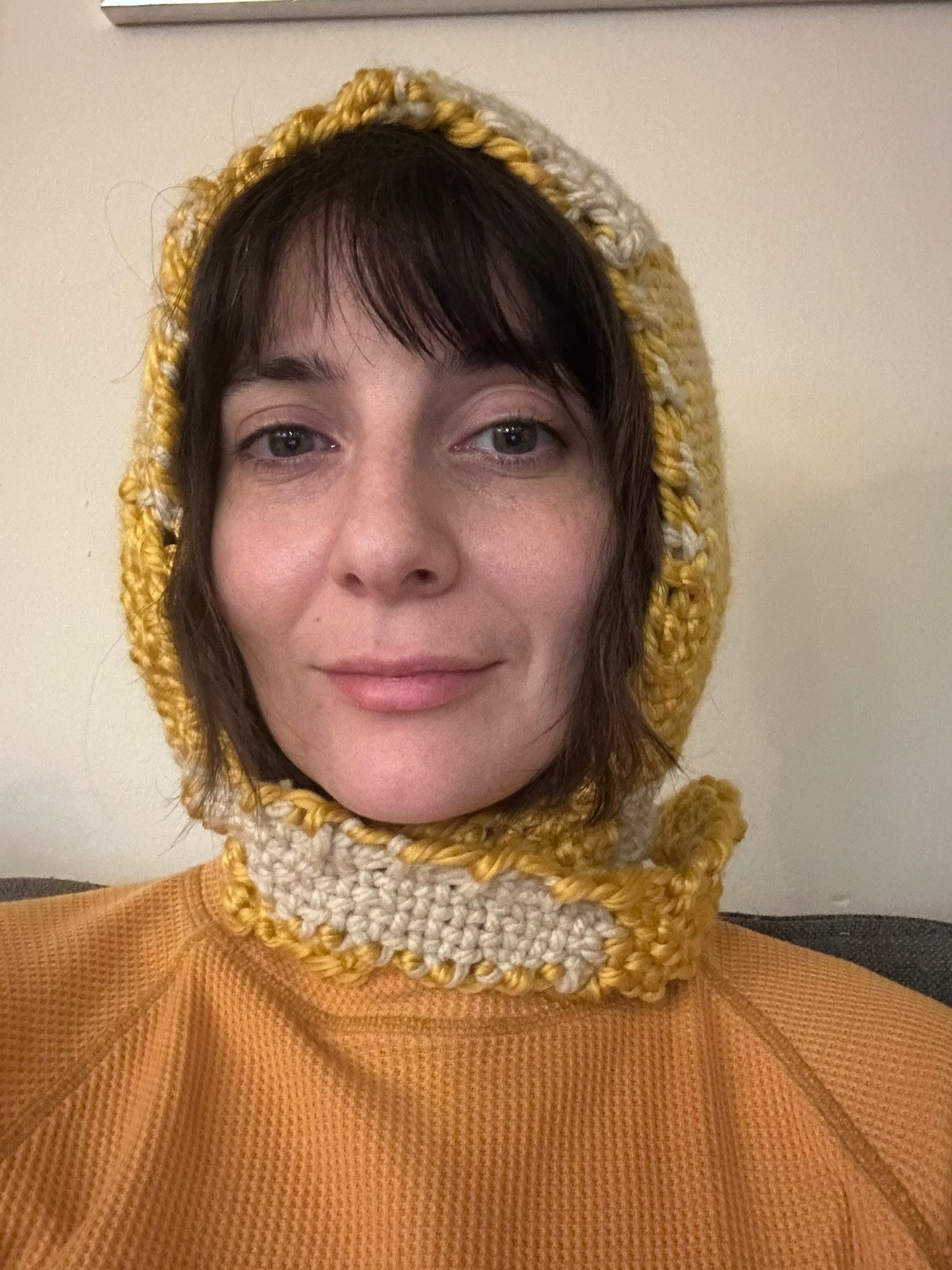 Hand Woven Bonnet/Balaclava- white and yellow