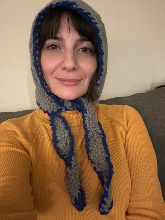 Hand Woven Bonnet/Balaclava- grey with blue trim