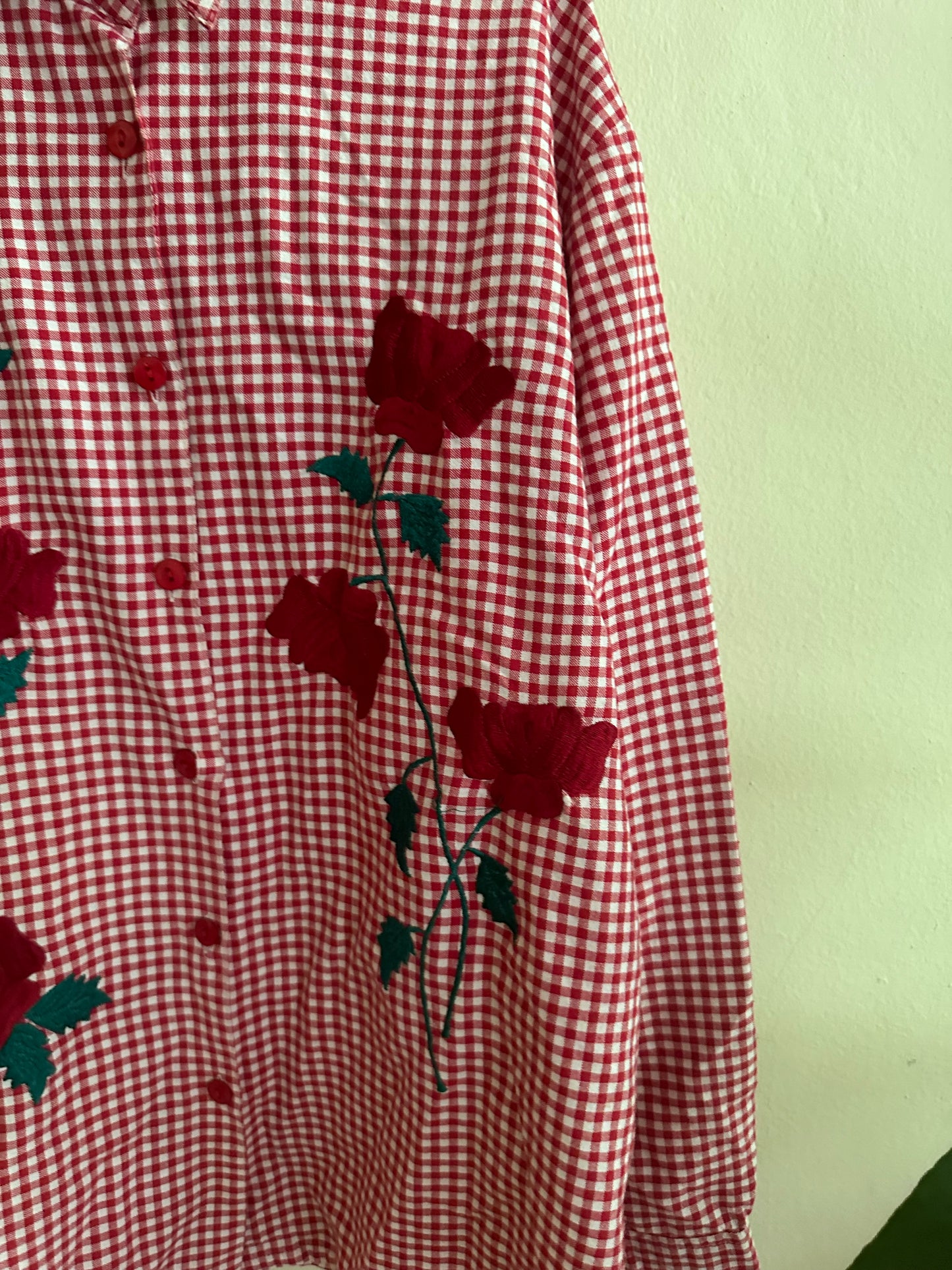 90s Red Gingham Roses Button Down