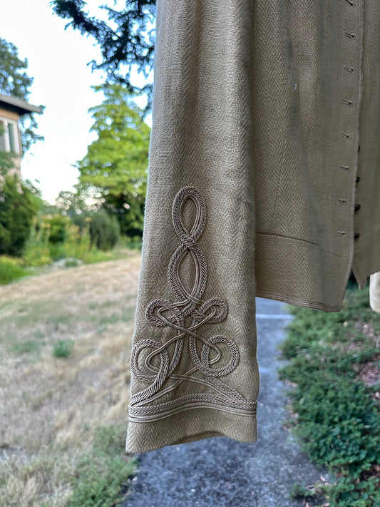 90s Ralph Lauren Linen Herringbone Military Jacket Blazer Soutache Trim Gold 16
