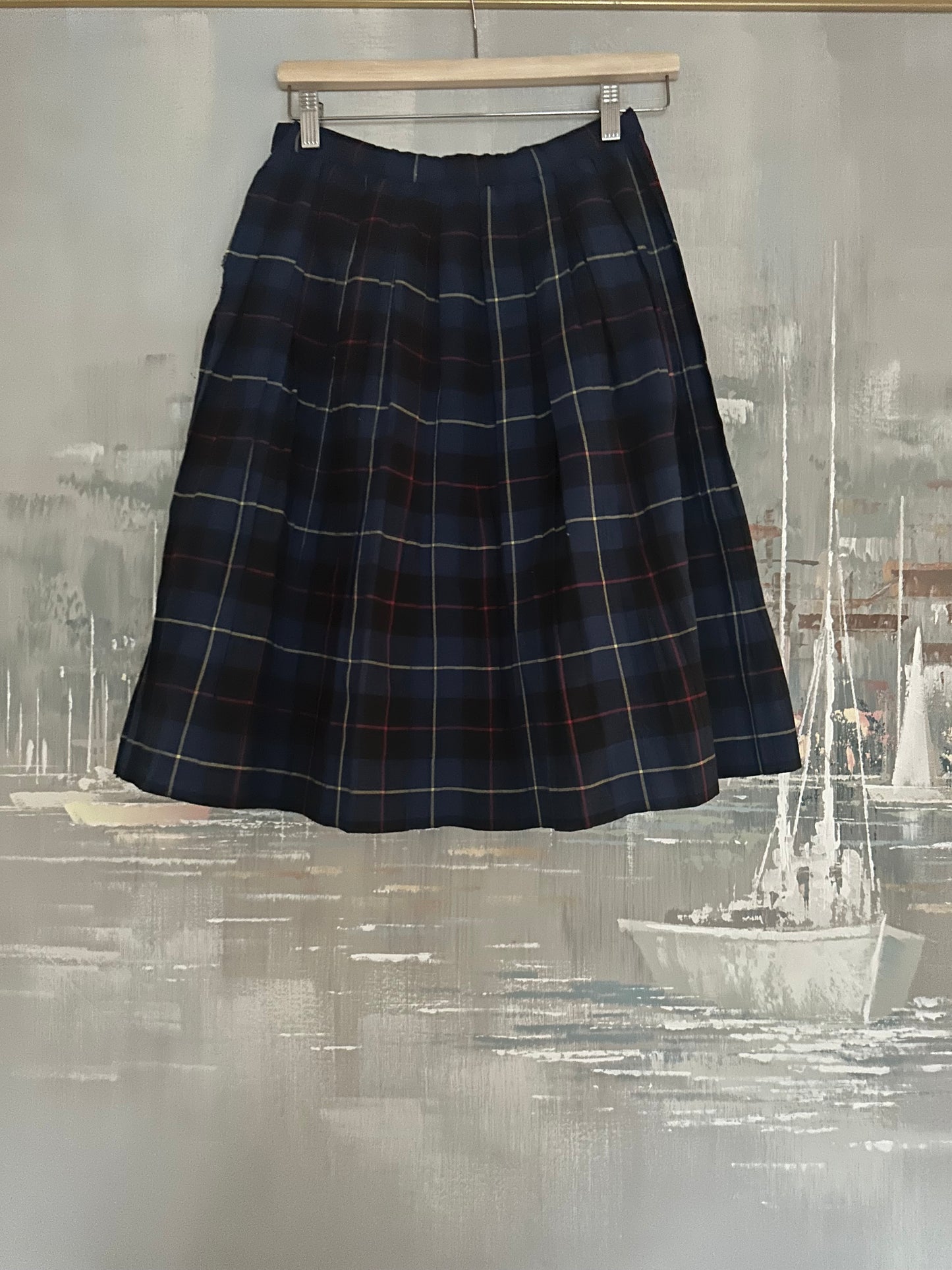 Vintage blue pleated plaid skirt