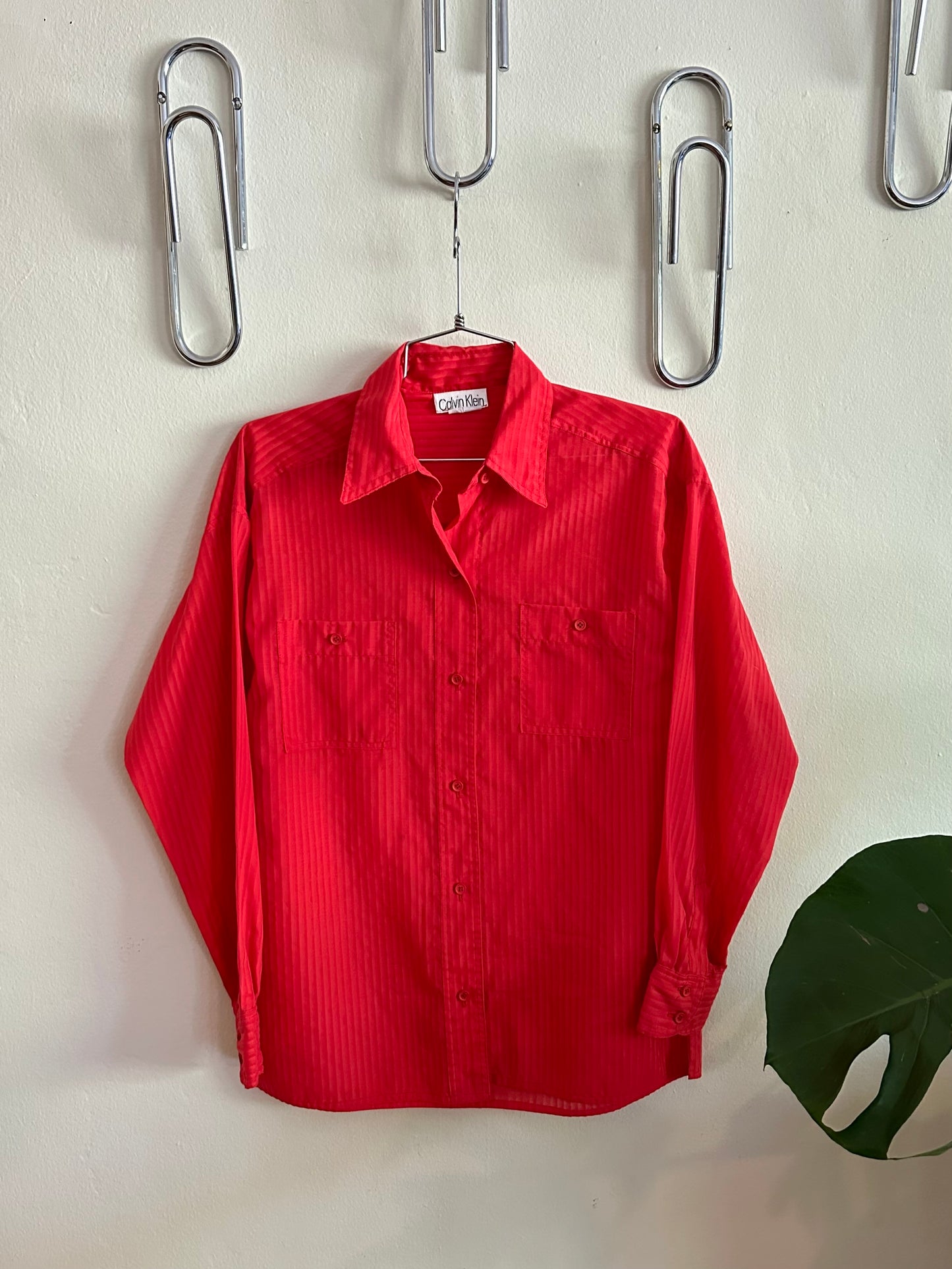 90s Red Linen Striped Calvin Klein Button Down