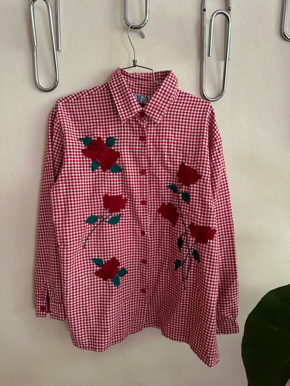 90s Red Gingham Roses Button Down