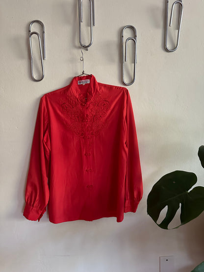 80s Red Hand Embroidered Blouse