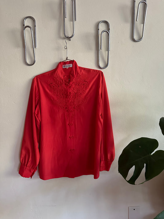 80s Red Hand Embroidered Blouse