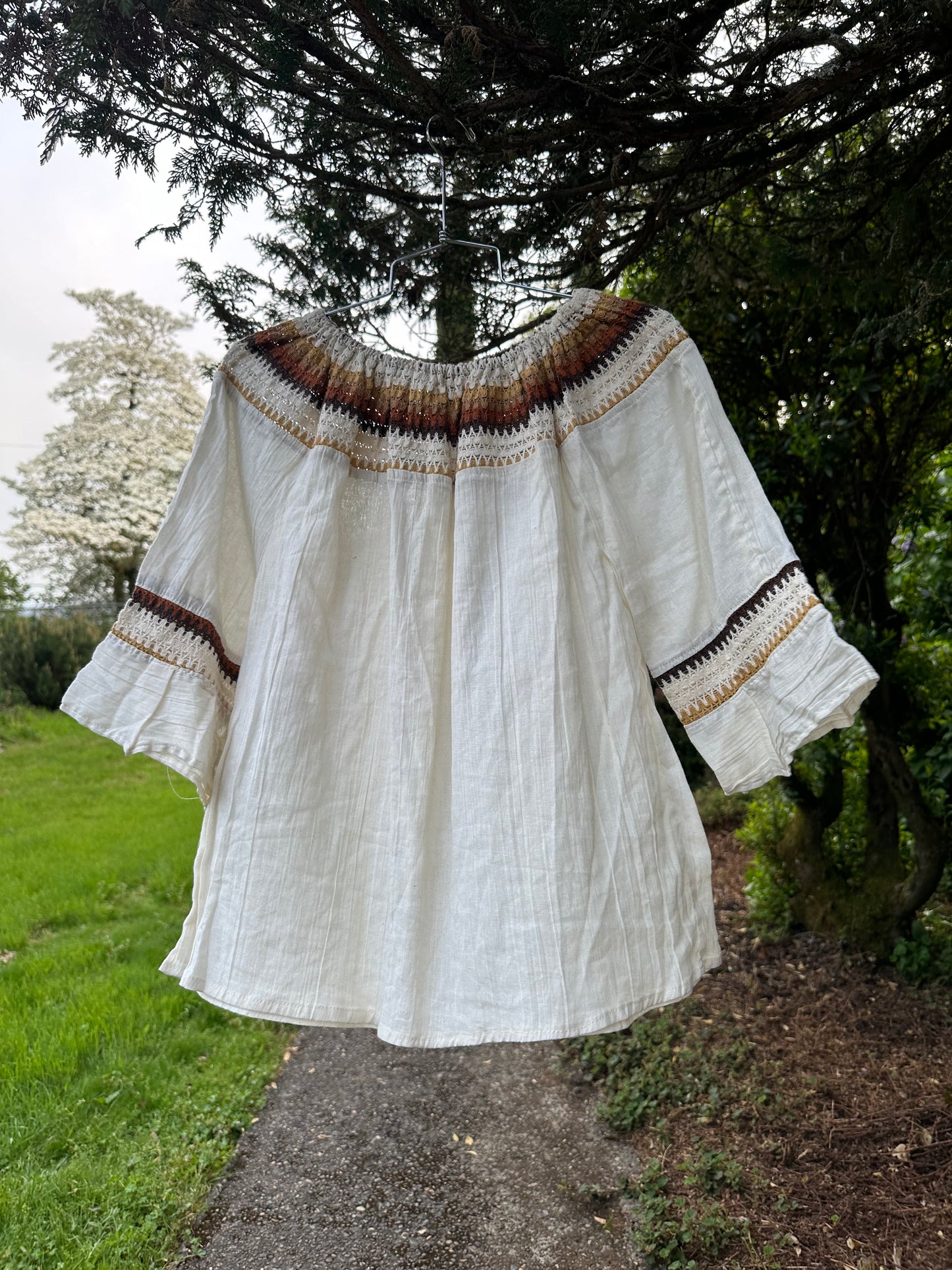 70s White and Brown Boho Shirt