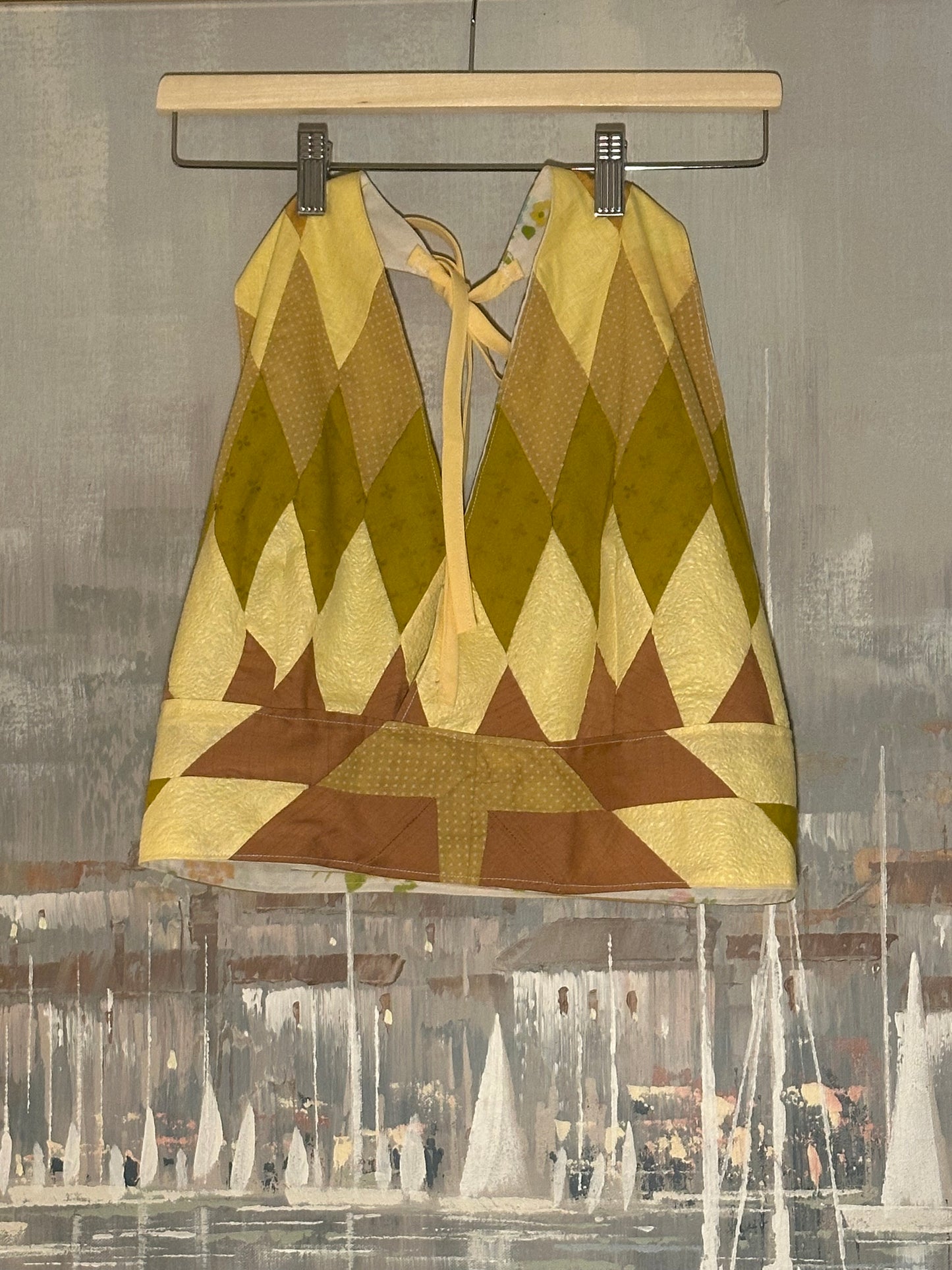 Upcycled quilt and sheet reversible halter top
