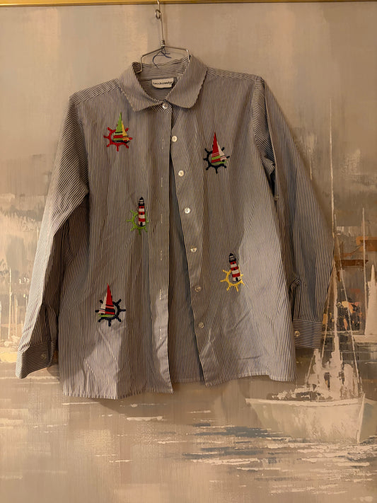 90s Blue Stripe Sailboat Shirt - Breckenridge