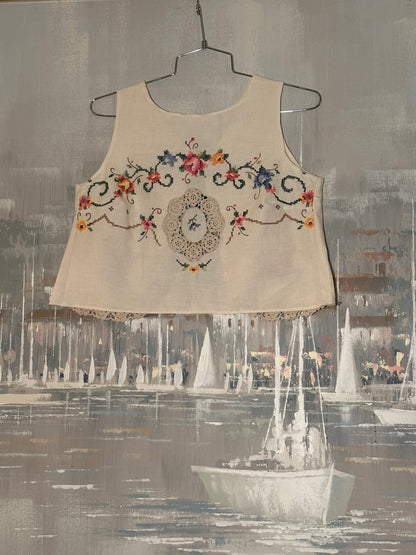 Upcycled Tablecloth Embroidered shirt back tied