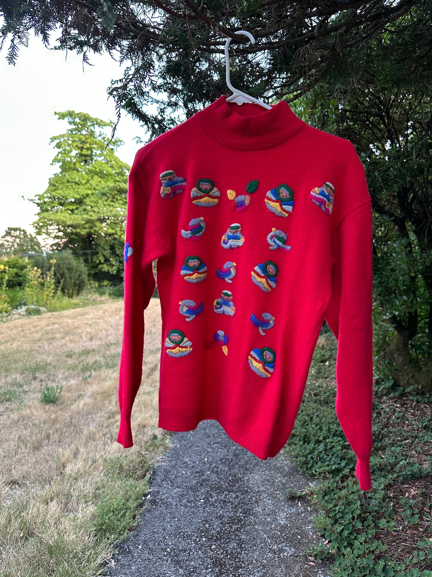 90s Red Embroidered Babushka Sweater