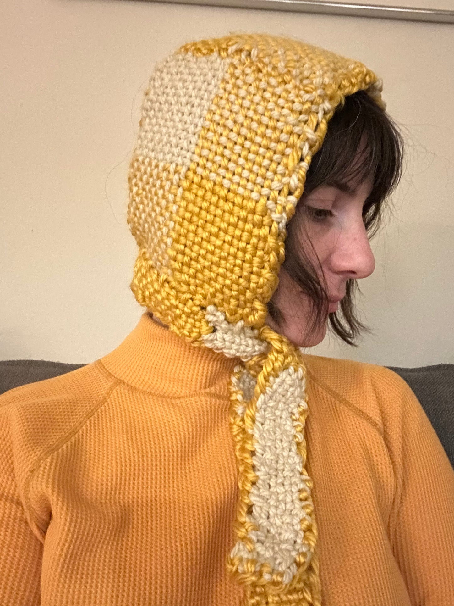 Hand Woven Bonnet/Balaclava- white and yellow