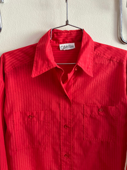 90s Red Linen Striped Calvin Klein Button Down