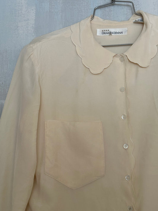 90s Yellow Silk Scalloped Shirt