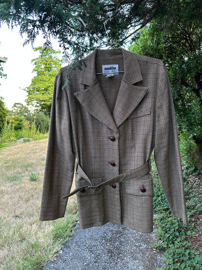 90s Brown Plaid Jacket with Belt