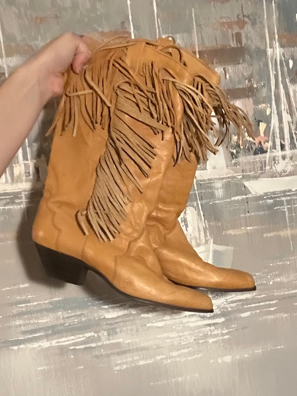 80s Tan Leather Fringe Boots