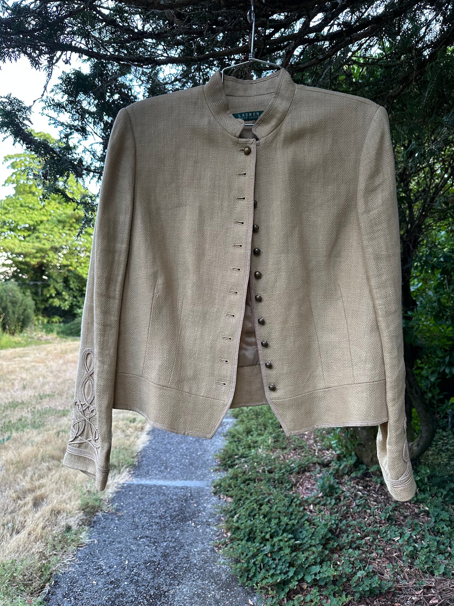 90s Ralph Lauren Linen Herringbone Military Jacket Blazer Soutache Trim Gold 16