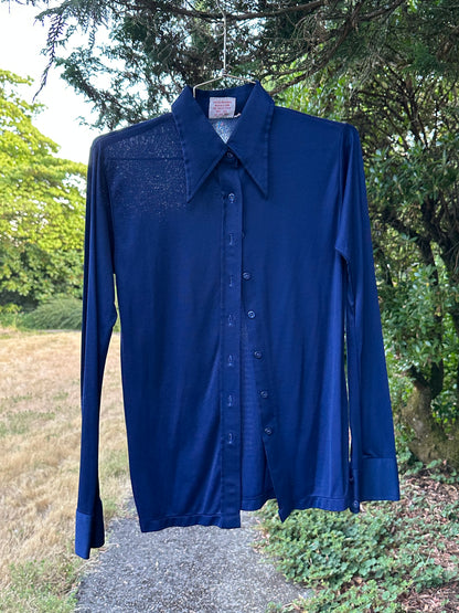 70s Blue Party Shirt with Pointy Collars