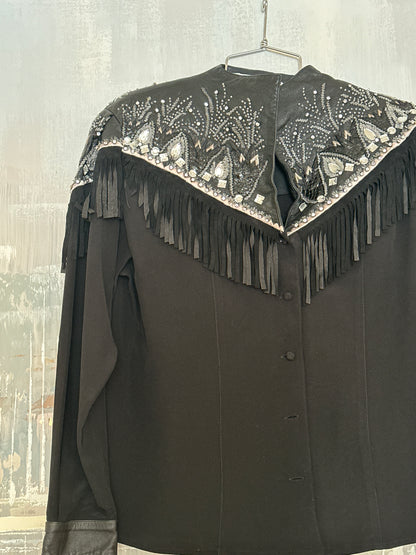 80s Black Leather and Silk Fringe and Beaded Top