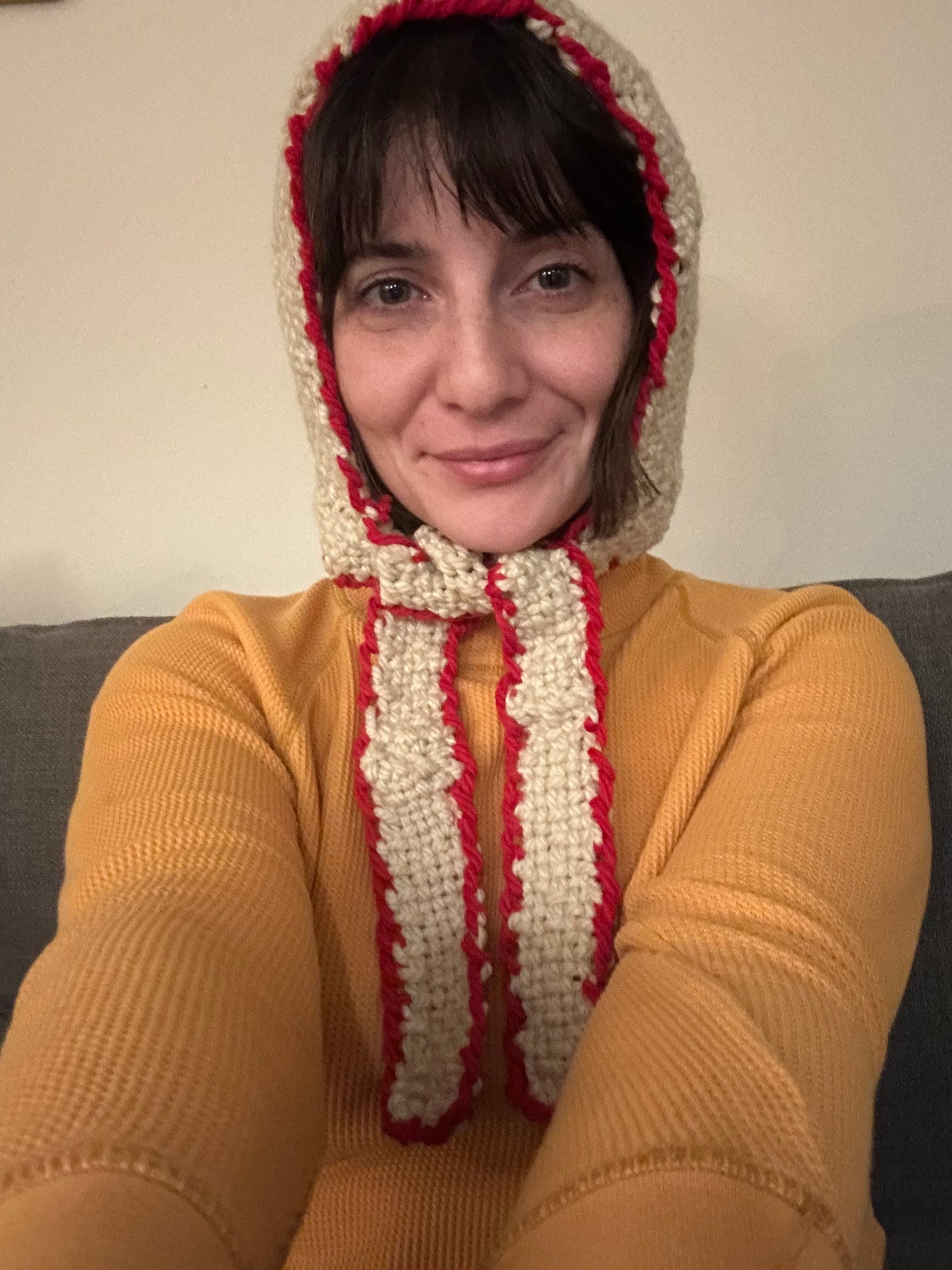Hand Woven Bonnet/Balaclava- white with red trim