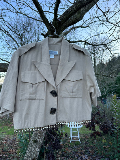 90s Tan Raw Silk Safari Beaded Shirt