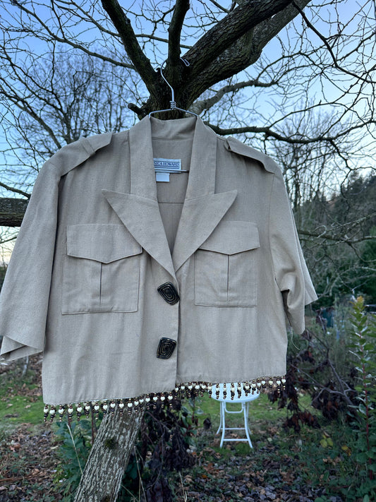 90s Tan Raw Silk Safari Beaded Shirt
