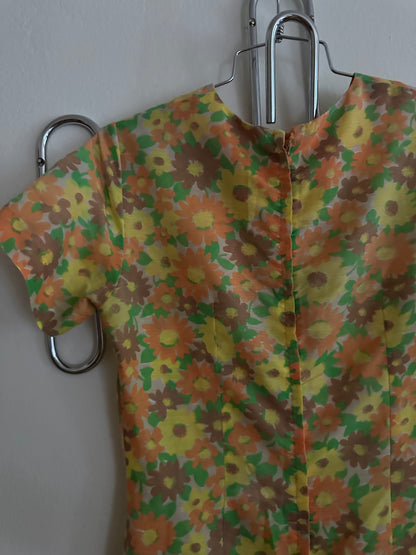 60s Yellow Floral Drop Waist Dress