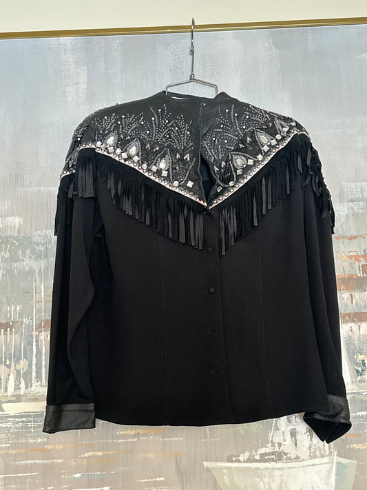 80s Black Leather and Silk Fringe and Beaded Top