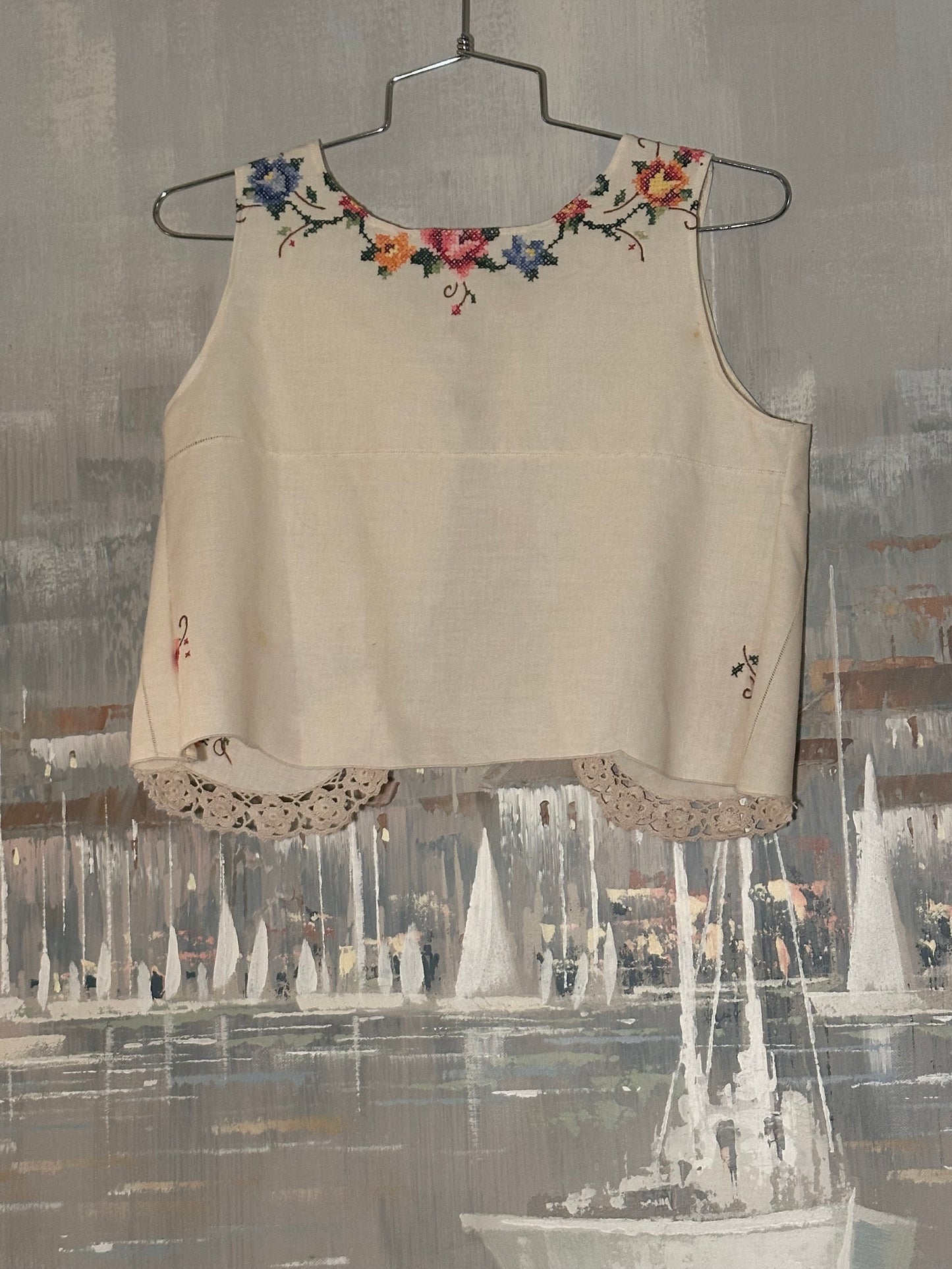 Upcycled Tablecloth Embroidered shirt front tied