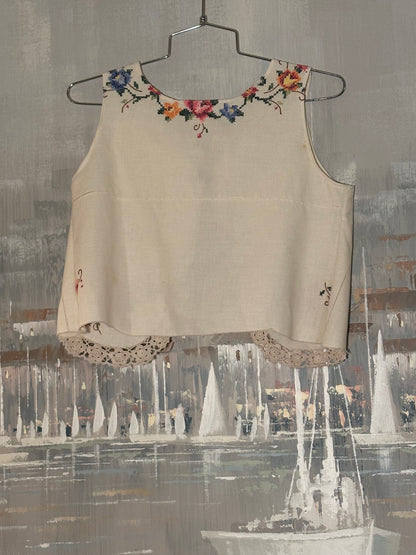 Upcycled Tablecloth Embroidered shirt front tied