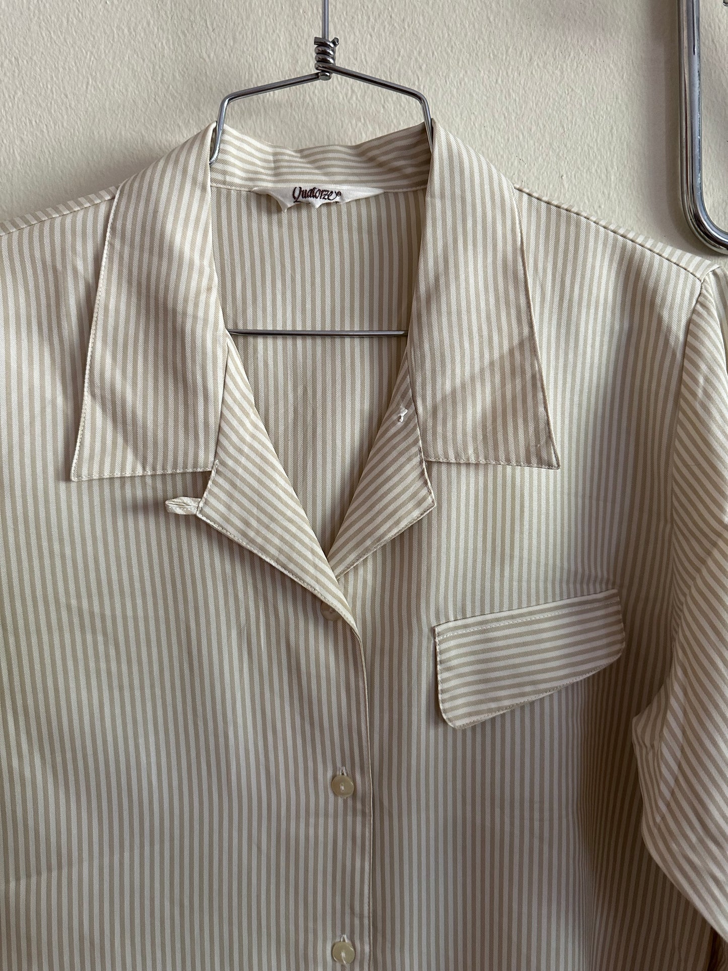 80s White and Tan Striped Blouse