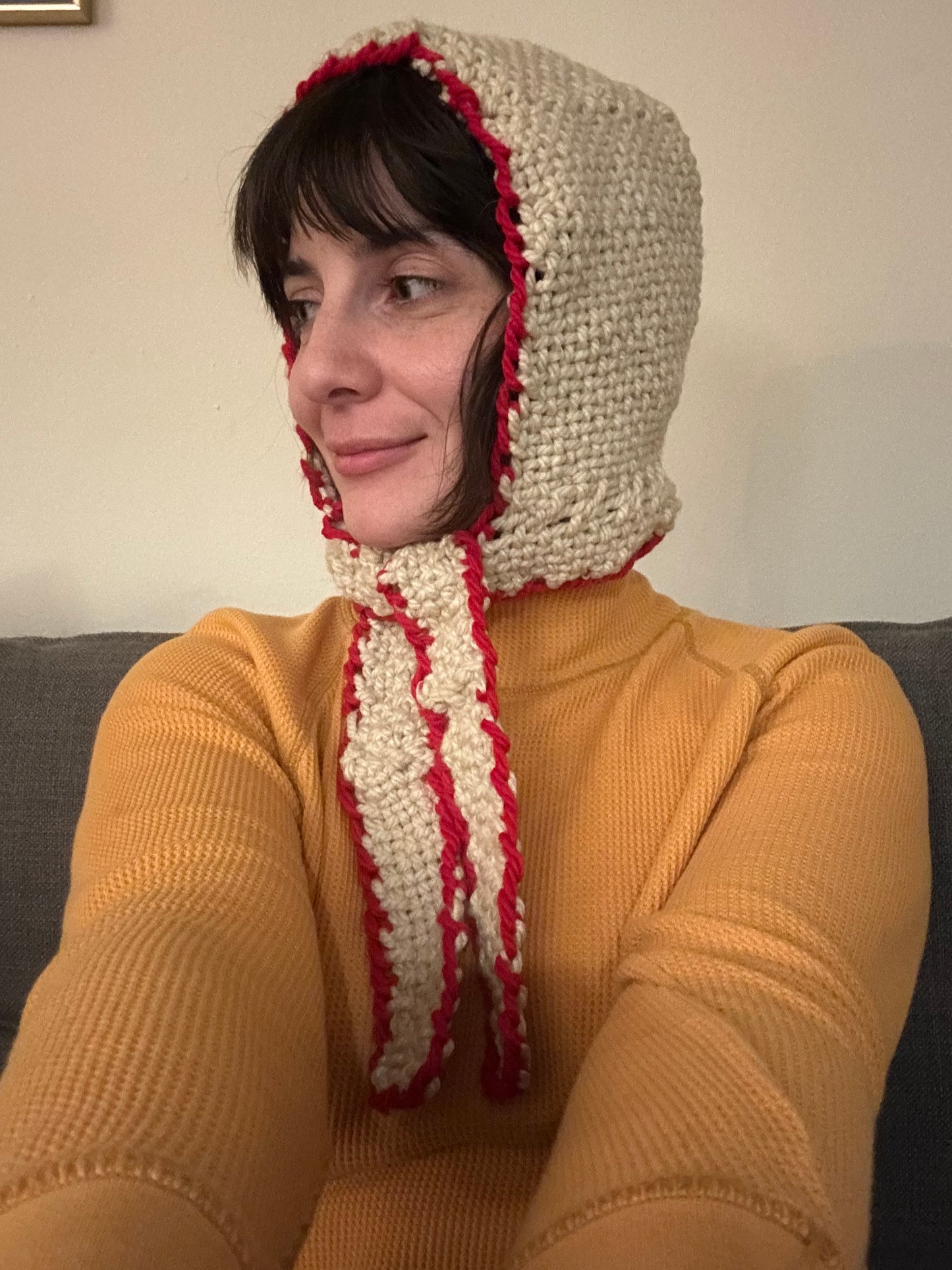 Hand Woven Bonnet/Balaclava- white with red trim